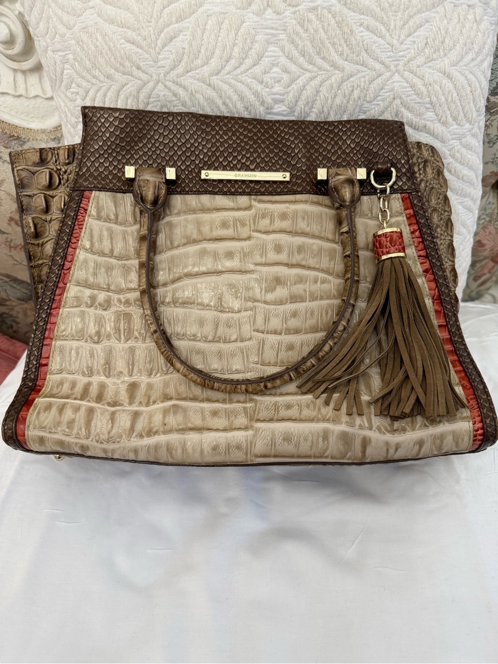Brahmin Taupe Croc-Embossed Leather Tote with Brown Trim and Red Piping
